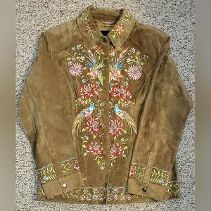 Mint condition Avanti Leather Suede Jacket Shirt Embroided Floral & bird sz sm